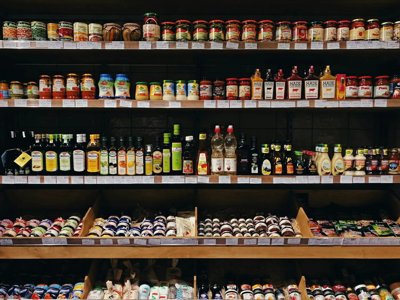 Shelves of jars and bottles inside the farm shop