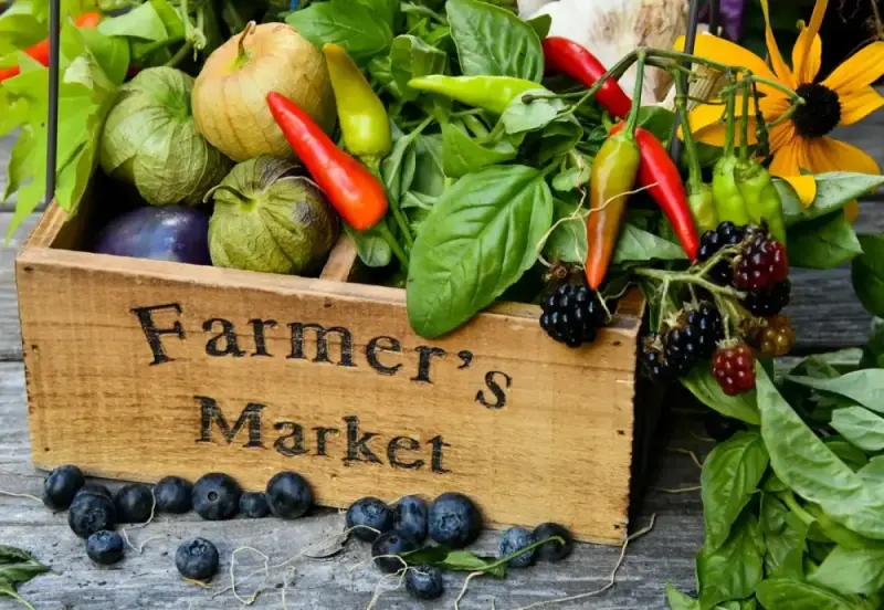 A wooden crate of fresh valley produce on the shop counter